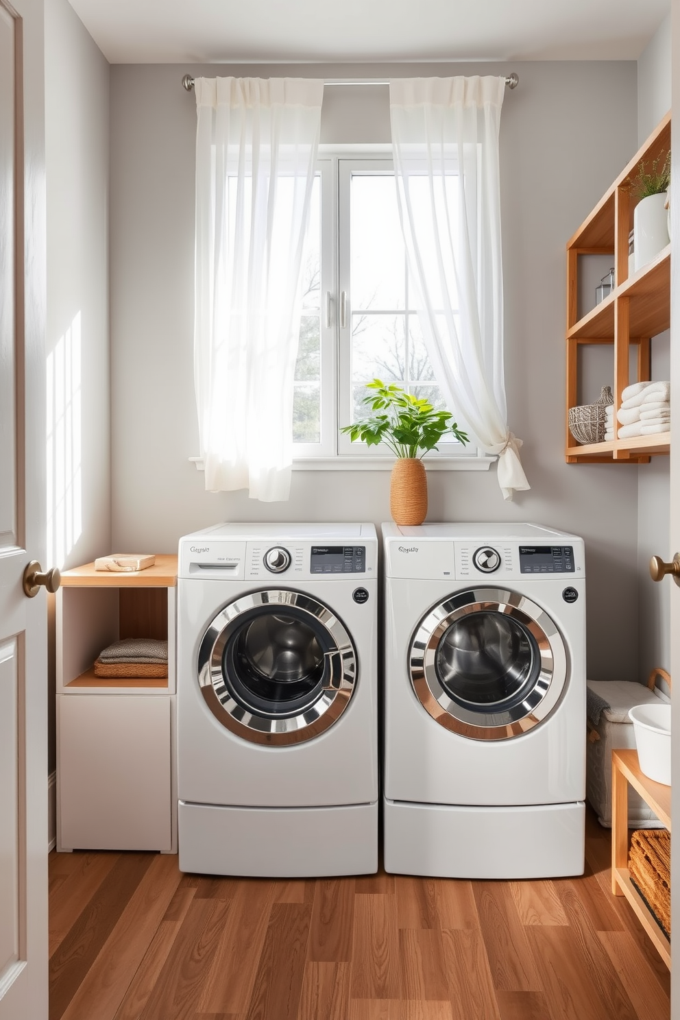 A modern laundry room featuring eco-friendly appliances designed for sustainability. The space includes a sleek front-loading washer and dryer in a soft white finish, complemented by bamboo shelving for storage. Natural light floods the room through a large window adorned with sheer curtains, creating a bright and airy atmosphere. The walls are painted in a calming light gray, and the floor is covered with durable, water-resistant vinyl in a wood-like finish.