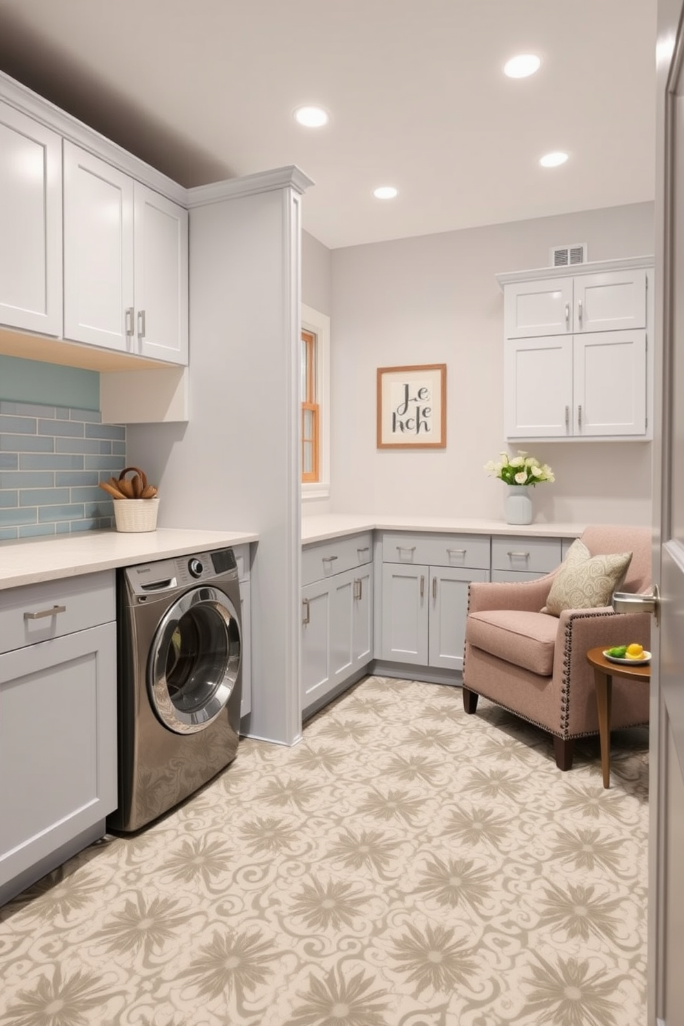 A functional laundry room that combines style and efficiency. The space features a large countertop for folding clothes, with upper cabinets for storage and a stylish backsplash in a soft blue hue. In one corner, a cozy seating area is created with a plush armchair and a small side table, perfect for relaxing while waiting for laundry. The floor is adorned with durable, patterned tiles that add a pop of color and visual interest to the room.