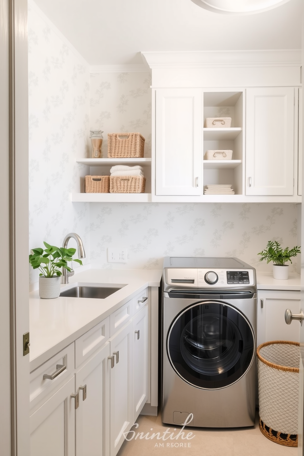 A bright and airy laundry room featuring removable wallpaper with a subtle floral pattern that adds a touch of elegance. The space includes a large white countertop for folding clothes, with open shelving above to display neatly organized baskets and decorative items. A sleek washer and dryer are tucked into a custom-built cabinet, painted in a soft pastel color that complements the wallpaper. To enhance functionality, a stylish laundry basket sits in the corner, while a small potted plant adds a refreshing pop of greenery.