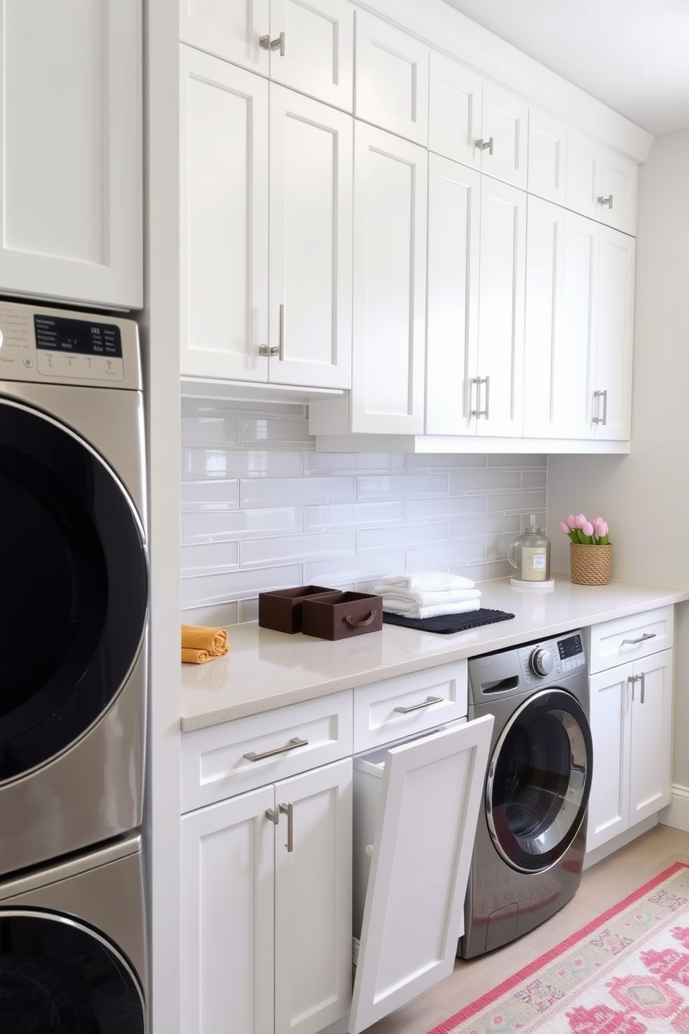 A functional laundry room featuring a sleek design with ample storage solutions. The cabinetry is finished in a soft white, and a pull-out trash bin is conveniently integrated within the cabinetry for easy disposal. The countertop is a durable quartz surface, providing space for folding clothes and organizing laundry supplies. A stylish backsplash in a light gray tile adds a modern touch, while a cheerful rug brings warmth to the space.