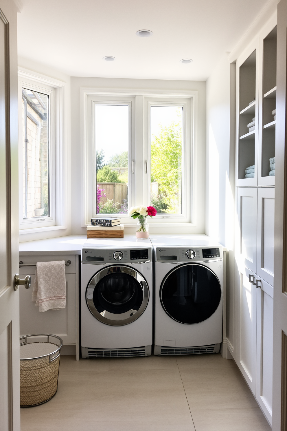 A bright and airy laundry room features large windows that overlook a beautiful garden. The space is equipped with modern appliances including a front-loading washer and dryer set, placed side by side on a sleek countertop. The cabinetry is a soft white, providing ample storage for laundry essentials while maintaining a clean aesthetic. A stylish laundry basket sits in the corner, and a small potted plant adds a touch of greenery to the room.