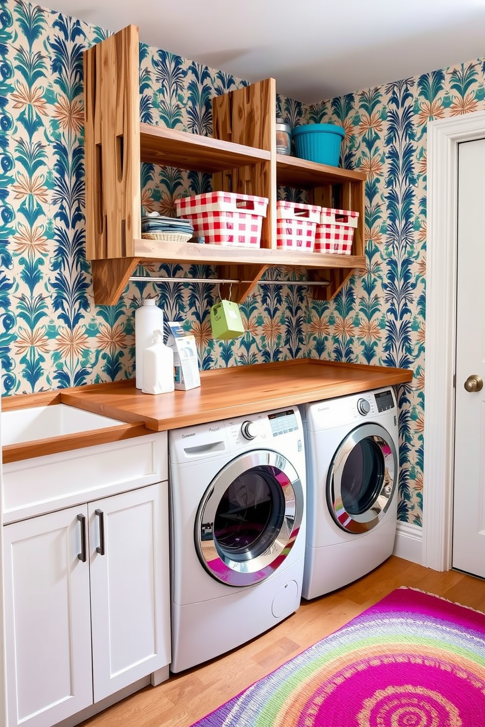 A vibrant laundry room featuring bold patterned wallpaper that adds a playful touch to the space. The room includes a sleek white washer and dryer stacked for efficiency, with a wooden countertop above for folding clothes. Incorporate open shelving made of reclaimed wood to display colorful baskets and laundry supplies. A cheerful rug in bright colors lies underfoot, enhancing the lively atmosphere of the room.