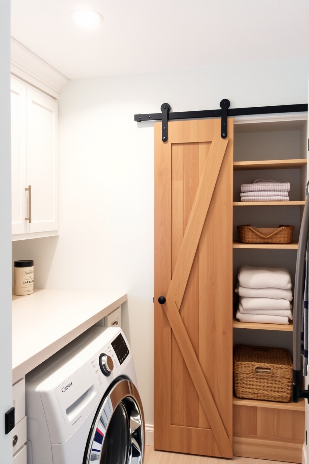 A stylish laundry room featuring a sliding barn door that adds rustic charm to the space. The room includes a spacious countertop for folding clothes, along with built-in shelves for storage and organization. The walls are painted in a soft pastel hue, creating a calming atmosphere. A washer and dryer are seamlessly integrated into the cabinetry, providing a clean and functional design.