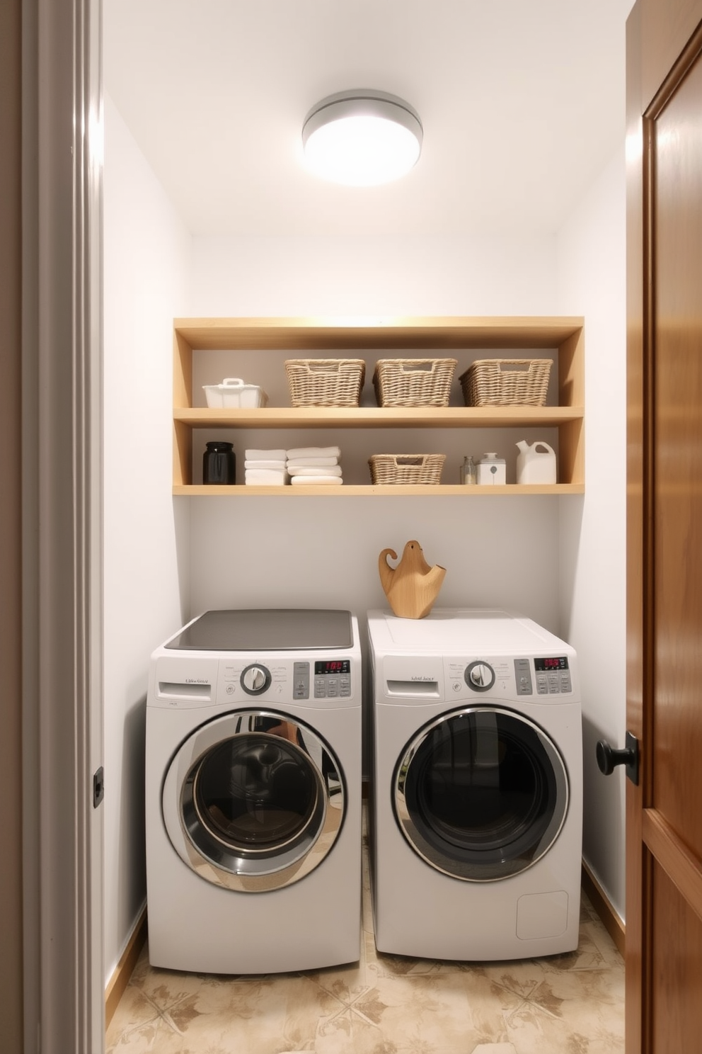 A functional laundry room featuring open shelving for easy access to frequently used items. The shelves are made of natural wood and are neatly organized with baskets and labeled containers for a clean aesthetic.