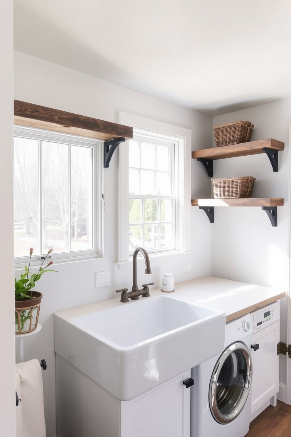 A cozy laundry room featuring a farmhouse sink with a vintage faucet. The walls are painted in a soft white, complemented by open shelving made of reclaimed wood for storage. A large window allows natural light to flood the space, enhancing the rustic charm. Decorative baskets are neatly arranged on the shelves, adding both functionality and style.