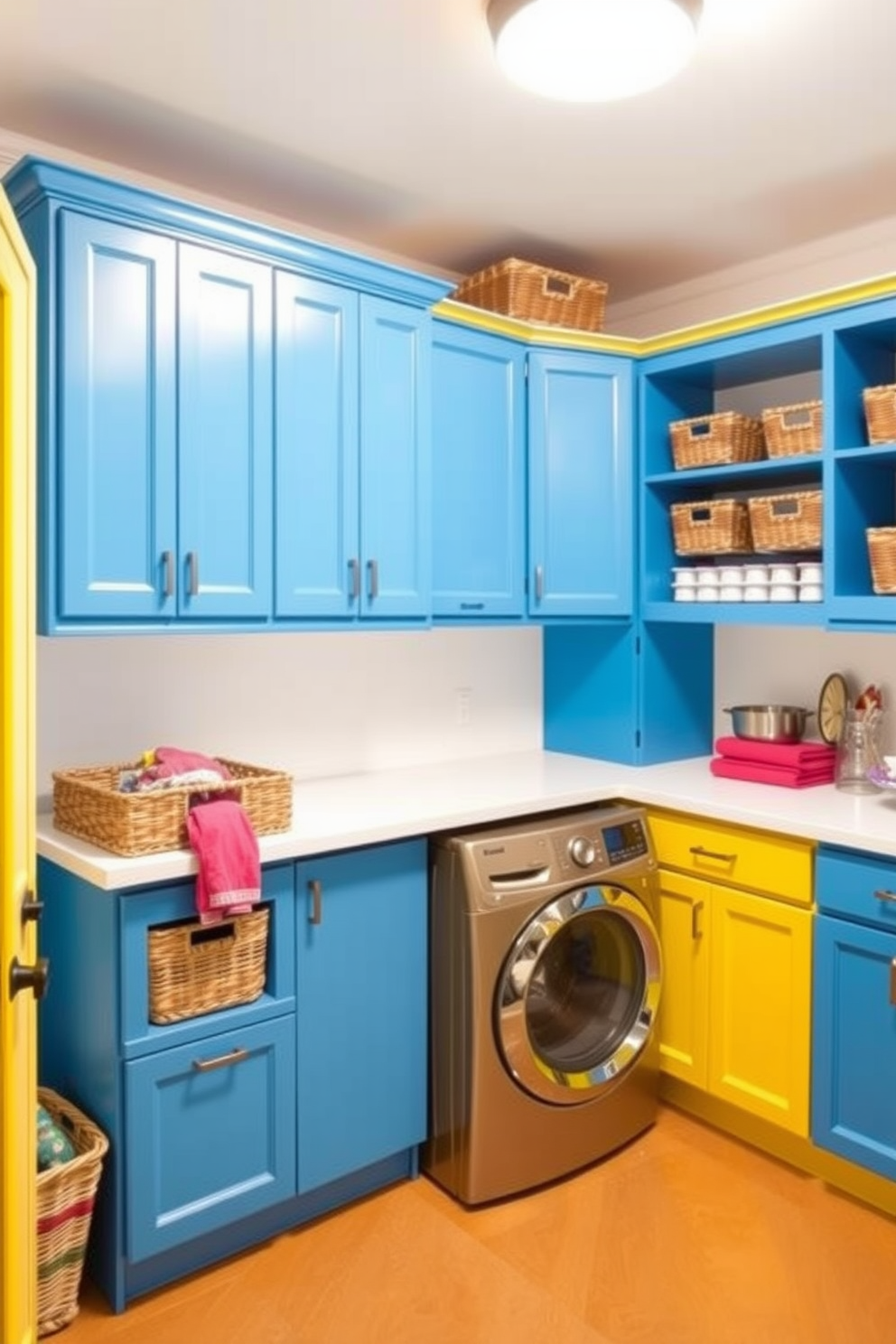 Colorful cabinets to brighten the room. The laundry room features vibrant blue and yellow cabinets that create a cheerful atmosphere. A spacious countertop is designed for folding clothes, complemented by stylish baskets for organization. Bright lighting illuminates the space, enhancing the lively color scheme and making the room feel inviting.