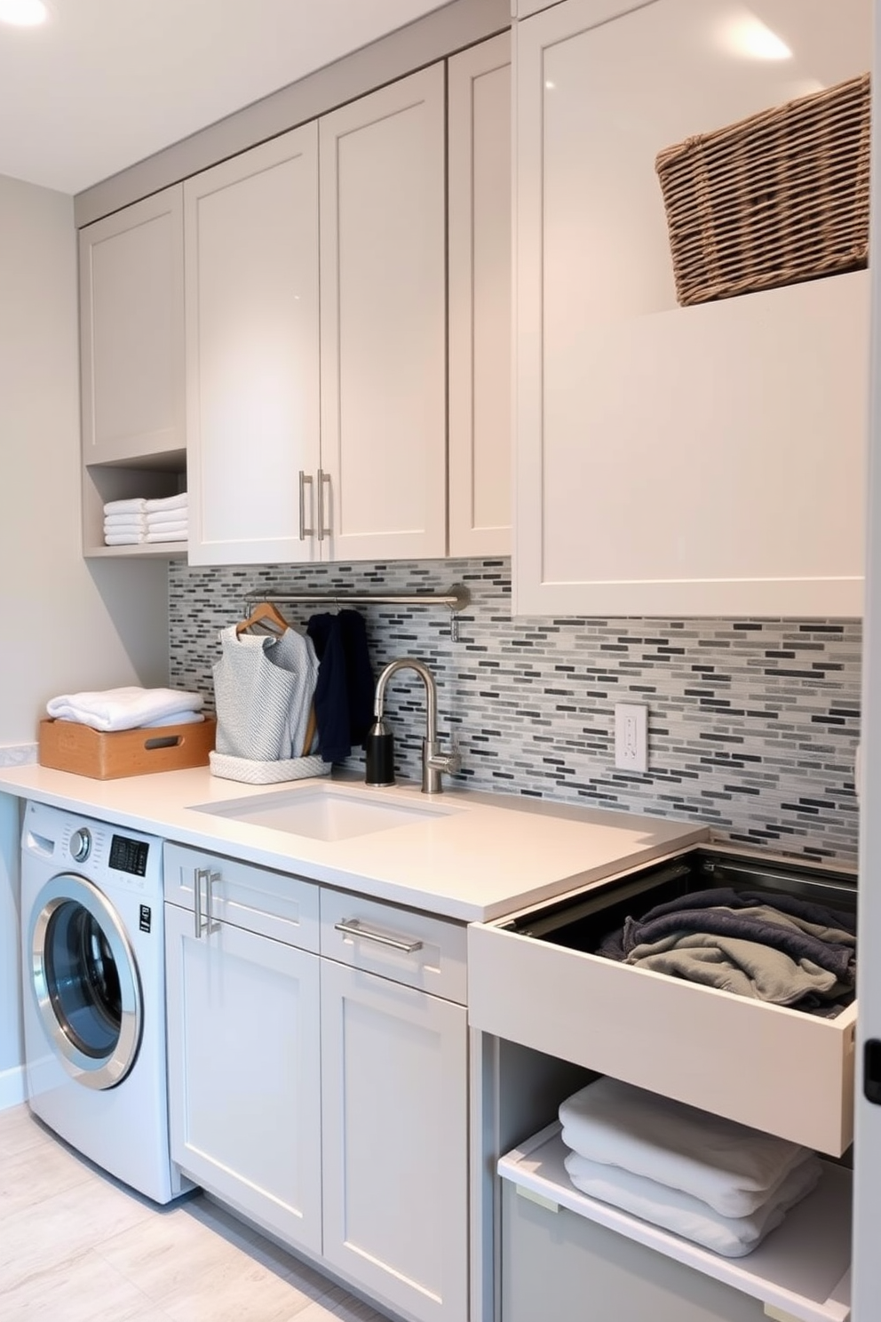 A modern laundry room featuring a spacious folding station designed for convenience. The room includes sleek cabinetry with ample storage, a countertop for sorting clothes, and a stylish backsplash to add visual interest.