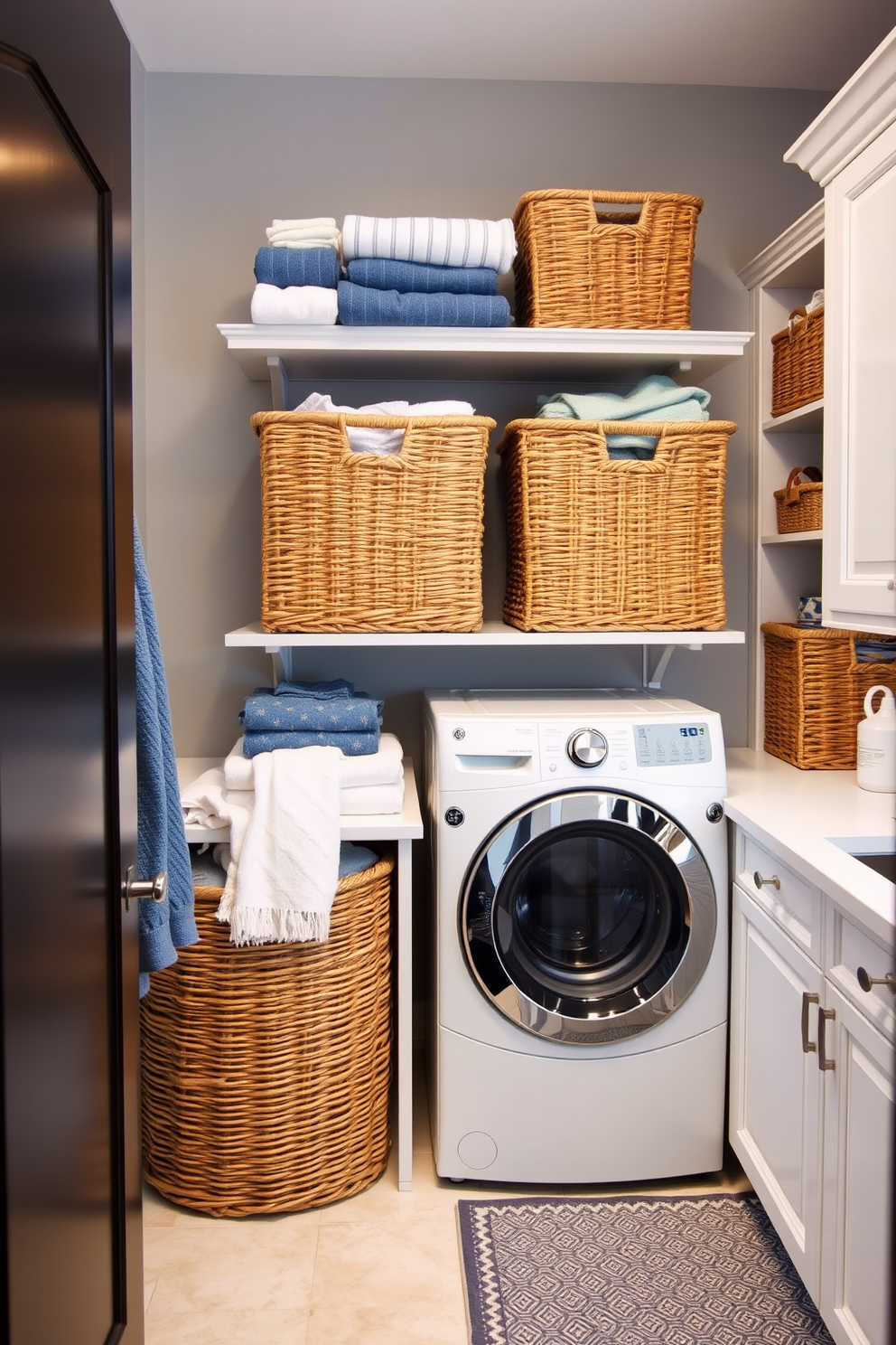 A functional laundry room featuring stylish woven baskets for organized laundry sorting. The walls are painted in a soft gray hue, complemented by white cabinetry and a sleek countertop for folding clothes.