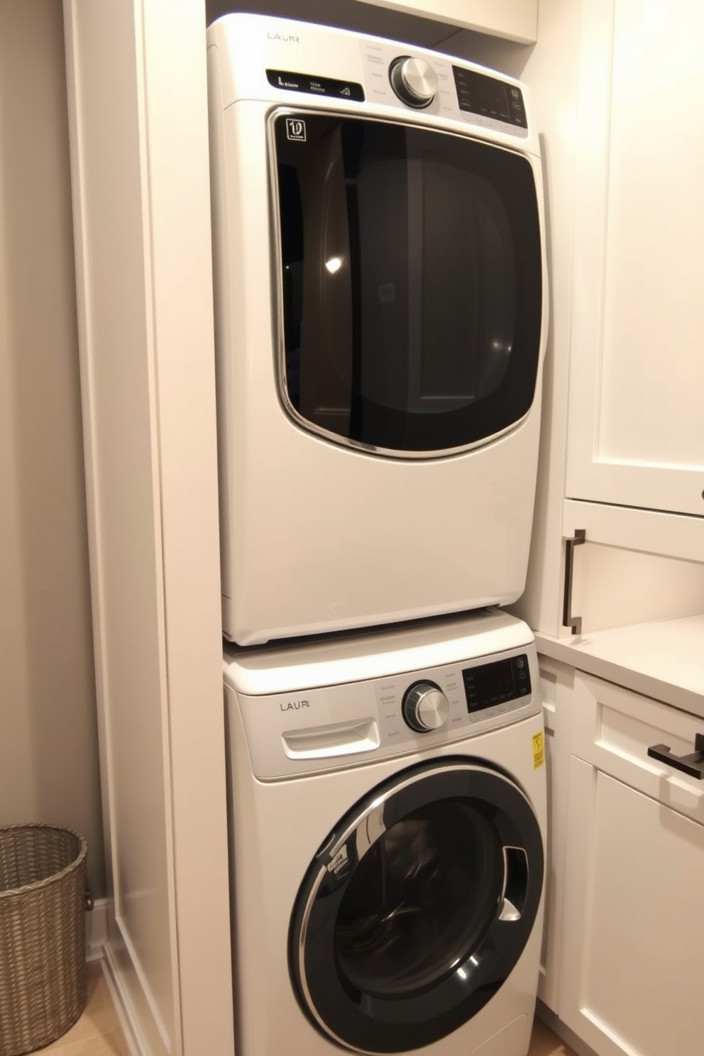 A modern laundry room featuring a stackable washer and dryer unit positioned against a wall to maximize space efficiency. The room is adorned with sleek cabinetry in a soft white finish and a countertop for folding clothes, complemented by a subtle gray backsplash.