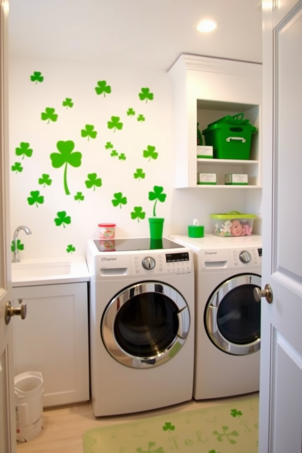 A playful laundry room featuring green shamrock wall decals that add a festive touch. The room is bright and airy, with a white washer and dryer set against a backdrop of cheerful green accents.