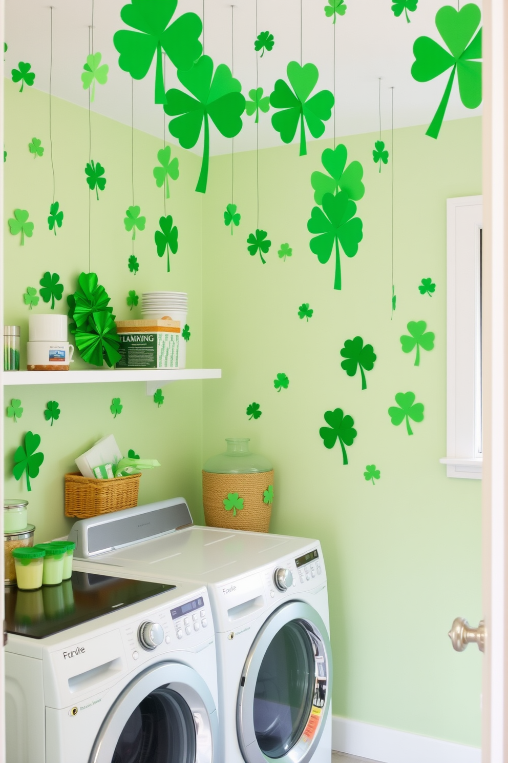 A bright and cheerful laundry room adorned with DIY shamrock paper crafts. The walls are painted in a light pastel green, and shamrock decorations hang from the ceiling, creating a festive atmosphere for St. Patrick's Day.