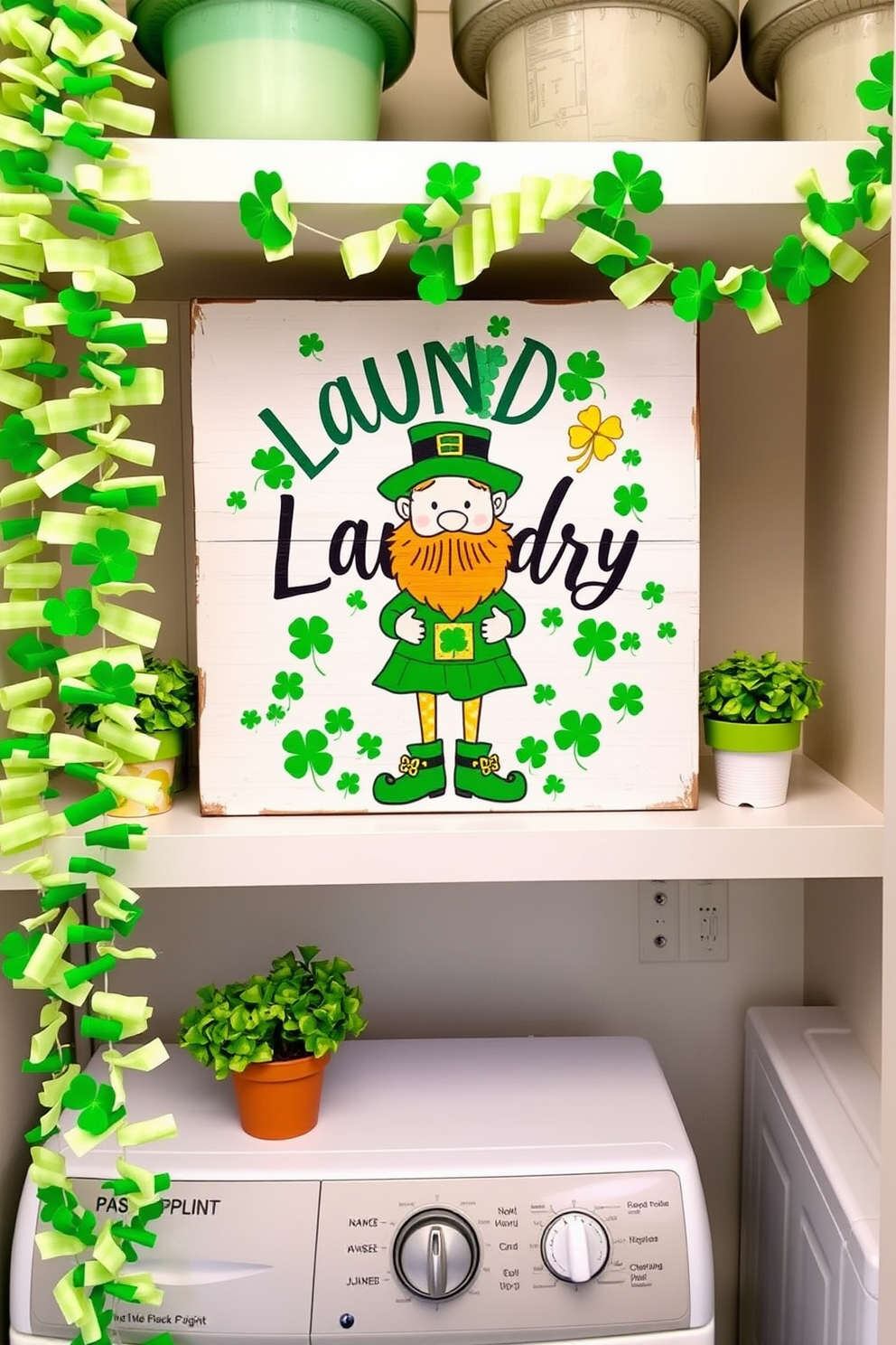 A whimsical laundry sign for St. Patrick's Day featuring a playful leprechaun surrounded by shamrocks. The sign is designed in vibrant green and gold colors, adding a festive touch to the laundry room decor. Incorporate St. Patrick's Day decorations with cheerful garlands made of green and white fabric. Add small potted shamrocks on the shelves and hang fun quotes about laundry with a festive twist around the room.