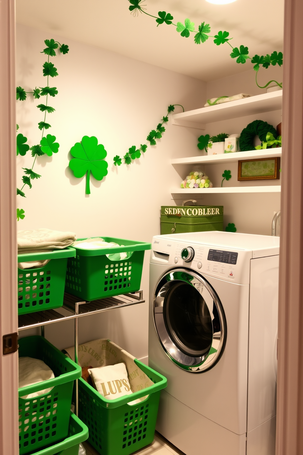A bright and cheerful laundry room featuring green laundry baskets for organization. The walls are painted a soft white, with decorative St. Patrick's Day accents like shamrock garlands and green-themed artwork adorning the space.