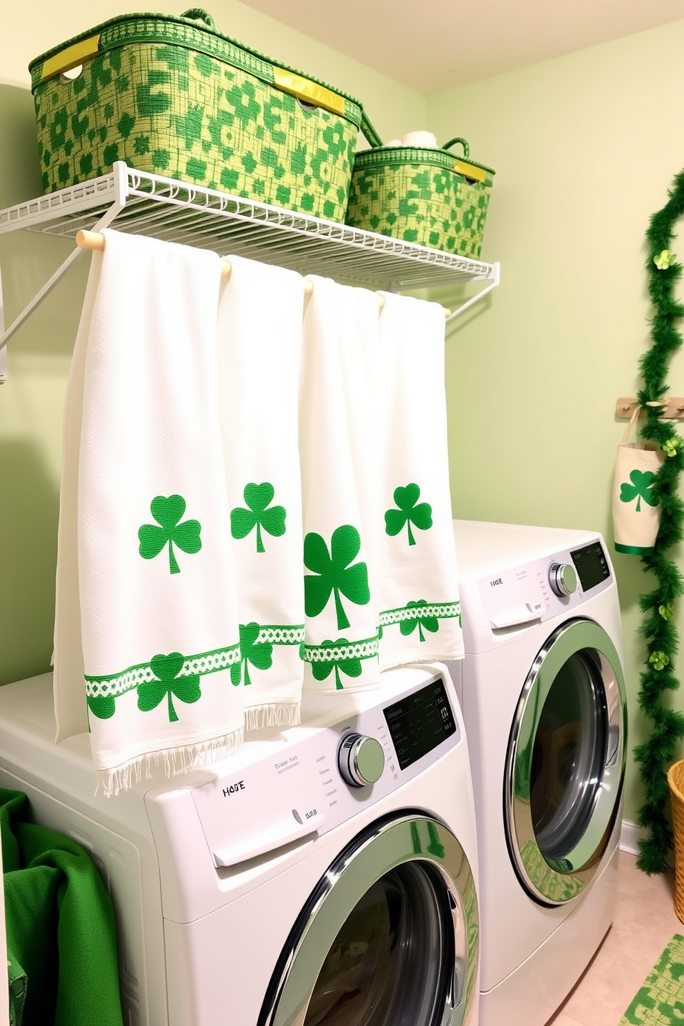 A cheerful laundry room adorned for St. Patrick's Day features festive towels with shamrock designs hanging neatly on a rack. The walls are painted in a light pastel green, complemented by decorative accents like green and gold baskets and a playful shamrock garland.