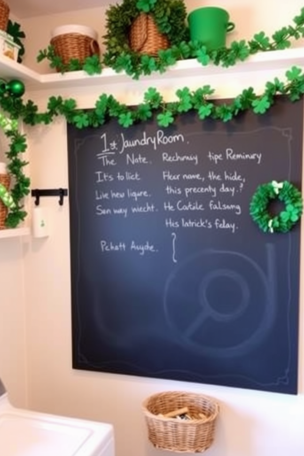 A charming laundry room features a large chalkboard mounted on the wall for jotting down notes and reminders. The space is adorned with St. Patrick's Day decorations, including green garlands and festive accents that bring a cheerful atmosphere.