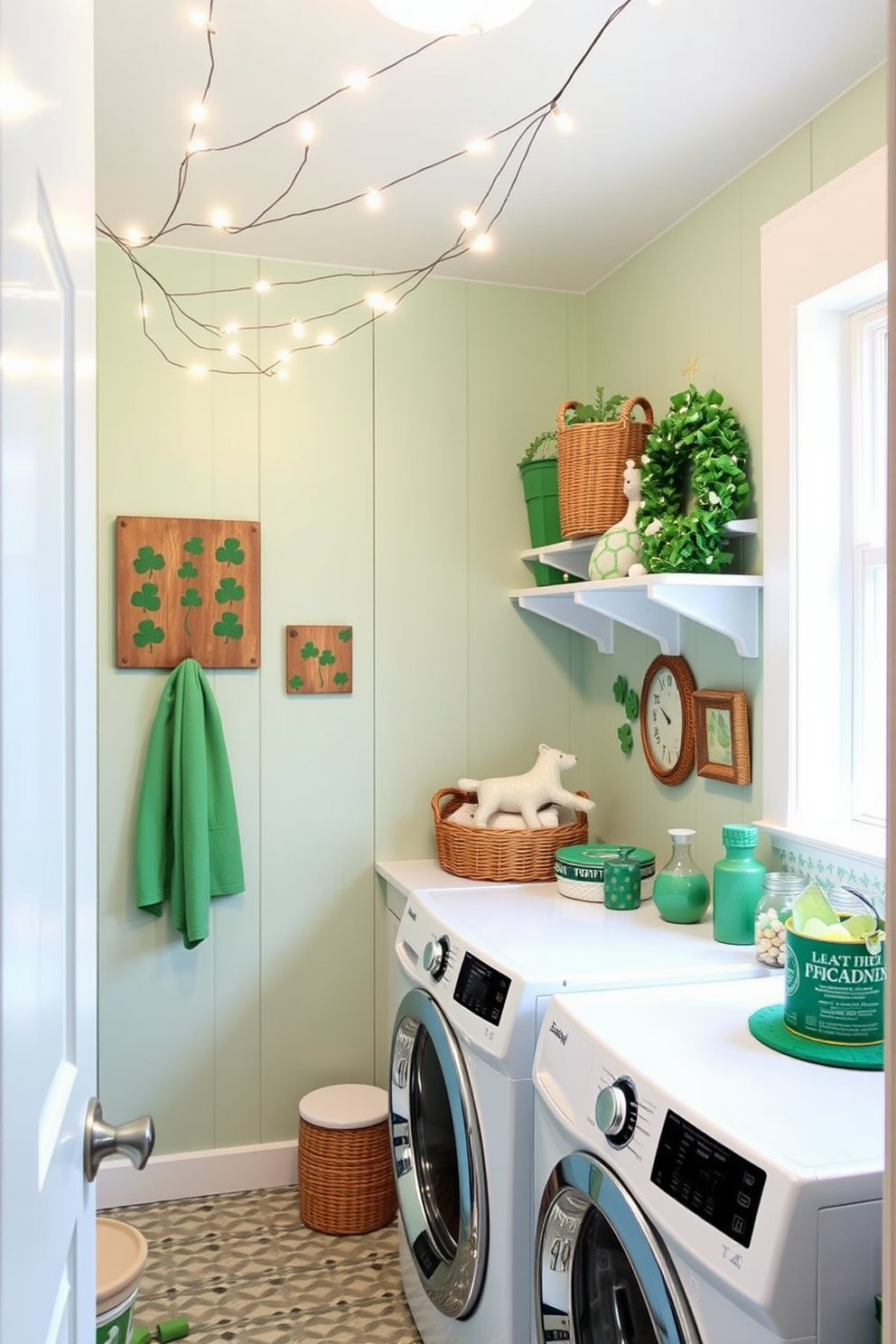 Create a cozy laundry room filled with charm. Hang warm white fairy lights across the ceiling to enhance the inviting atmosphere. Incorporate St. Patrick's Day decorating ideas with green accents. Use shamrock-themed decorations and festive textiles to celebrate the holiday spirit.