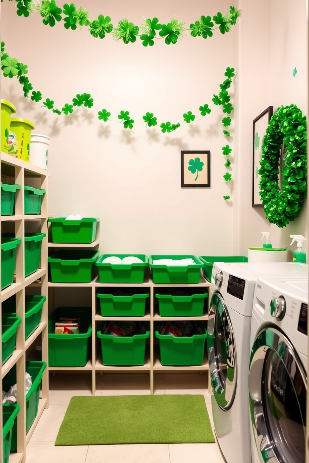 A bright and organized laundry room features green storage bins neatly lined up on open shelving, providing easy access to supplies. The walls are adorned with cheerful St. Patrick's Day decorations, including shamrock garlands and festive wall art, creating a lively atmosphere.