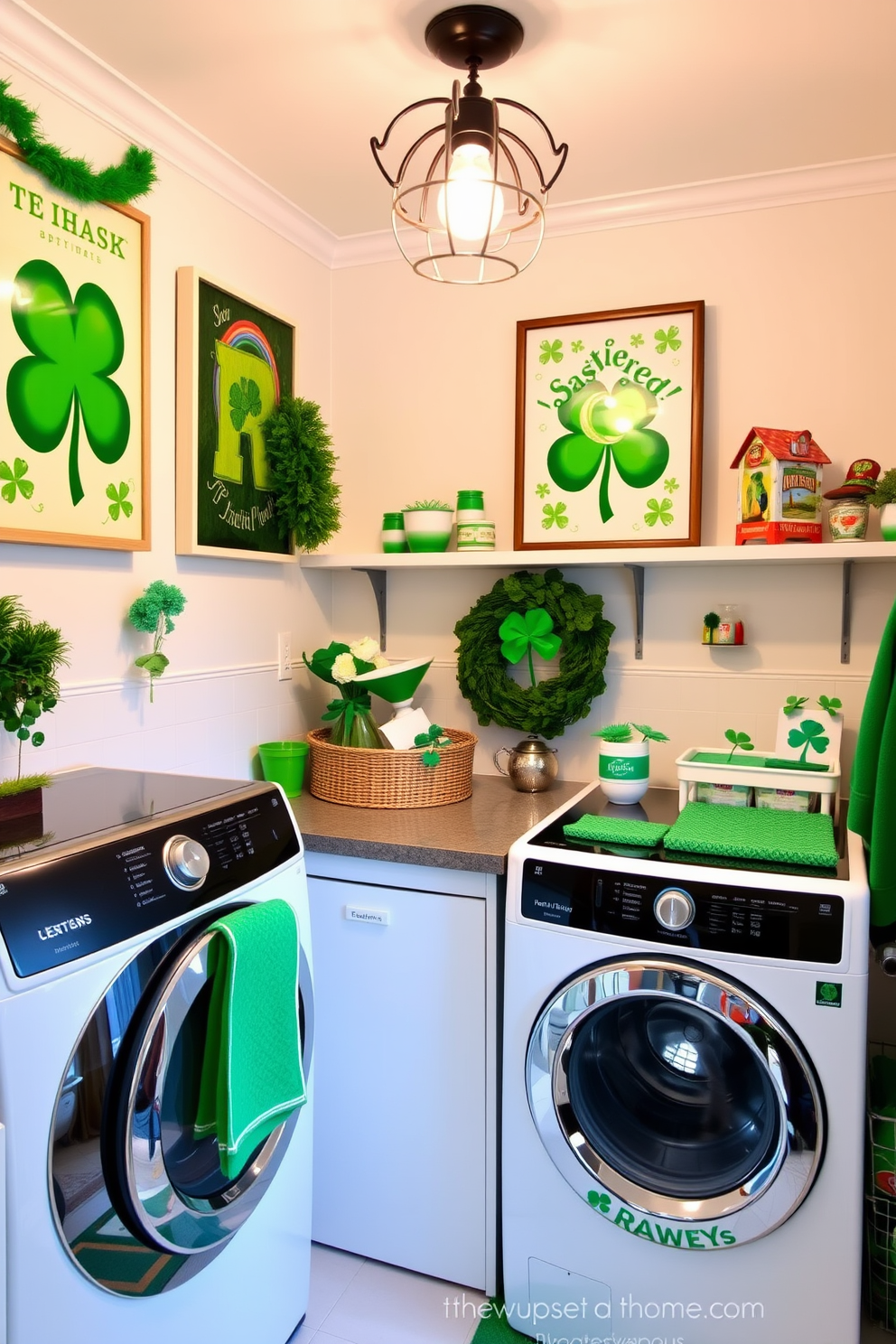 A cozy laundry room adorned with Irish-themed art prints on the walls. The decor features vibrant green accents and festive St. Patrick's Day decorations, creating a cheerful atmosphere.