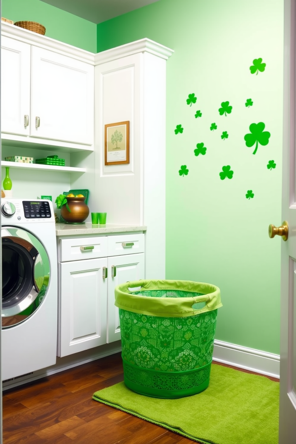 A charming laundry room designed for St. Patrick's Day featuring a bright and cheerful color palette. The space includes white cabinetry and a countertop with a pot of gold decor piece prominently displayed, surrounded by green accents. The walls are adorned with playful shamrock decals and the floor is covered with a soft green rug. A laundry basket in a coordinating shade sits in the corner, adding to the festive atmosphere.