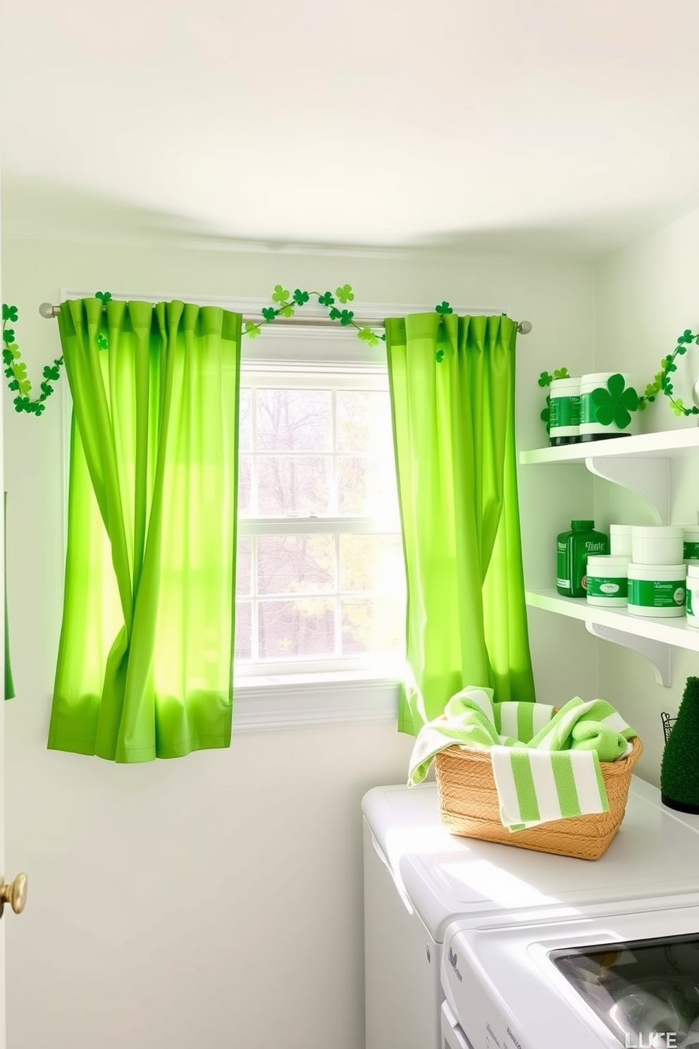 A bright and cheerful laundry room adorned with green curtains that frame the window, allowing natural light to illuminate the space. The walls are painted in a soft pastel hue, creating a fresh and inviting atmosphere for laundry tasks. For St. Patrick's Day, the room features festive decorations such as shamrock garlands draped along the shelves and playful green accents throughout. A decorative basket filled with green and white towels sits on the countertop, adding a touch of holiday spirit to the functional space.