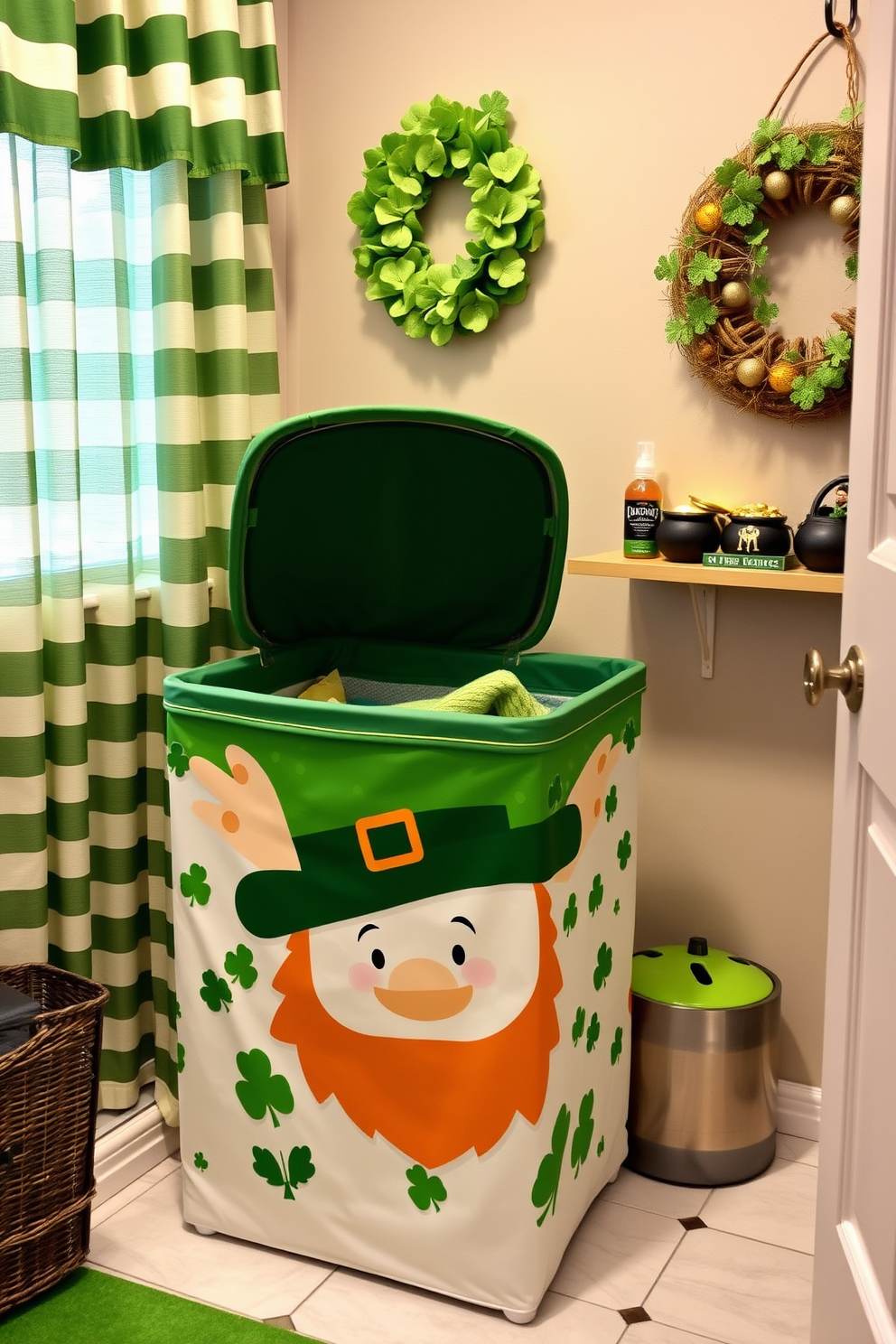 A whimsical leprechaun-themed laundry hamper designed for storage. The hamper is adorned with vibrant green and gold accents, featuring playful shamrocks and a cheerful leprechaun graphic. The laundry room is decorated with St. Patrick's Day elements, including green and white striped curtains and a festive wreath made of shamrocks. A cozy corner showcases a small shelf with decorative items like pots of gold and miniature leprechauns.