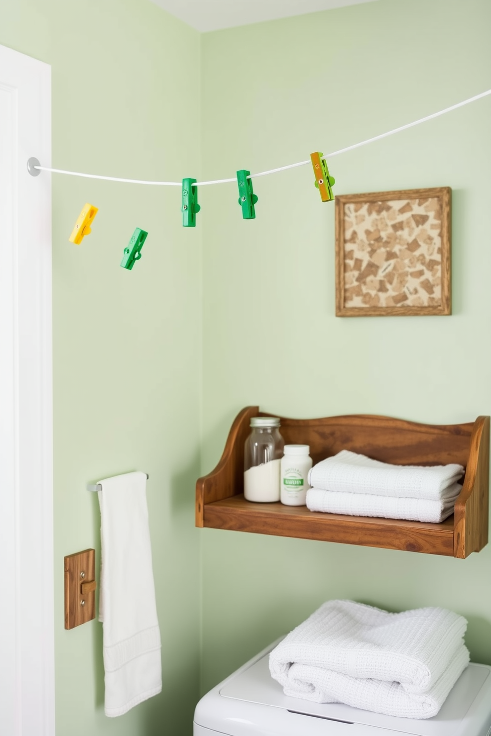 Create a charming laundry room featuring a clothesline adorned with vibrant shamrock clothespins. The walls are painted in a soft pastel green, and a rustic wooden shelf holds neatly folded towels and laundry supplies.