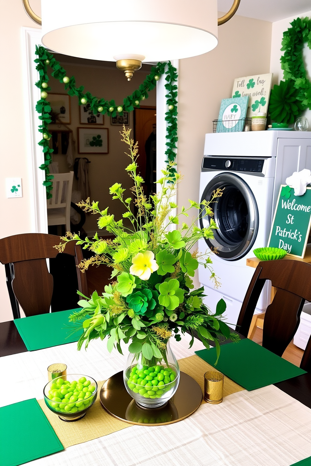 A vibrant St Patricks Day centerpiece graces the dining table featuring a lush arrangement of green flowers and golden accents. Surrounding the centerpiece are small decorative items like shamrocks and candles, creating a festive atmosphere. The laundry room is adorned with cheerful St Patricks Day decorations including green garlands and playful wall art. A cozy corner features a small table with a bowl of green candies and a festive sign welcoming guests.