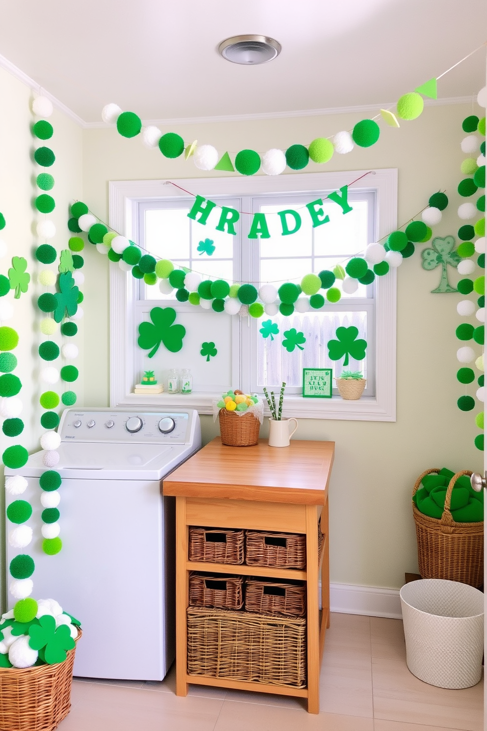 A cheerful laundry room adorned with felt ball garlands in various shades of green and white. The walls are painted in a soft pastel color, and a wooden folding table sits in the center, surrounded by wicker baskets for organization. St. Patrick's Day decorations are creatively displayed, featuring shamrock motifs and playful accents. A festive banner hangs above the window, complementing the vibrant felt ball garlands that add a touch of whimsy to the space.