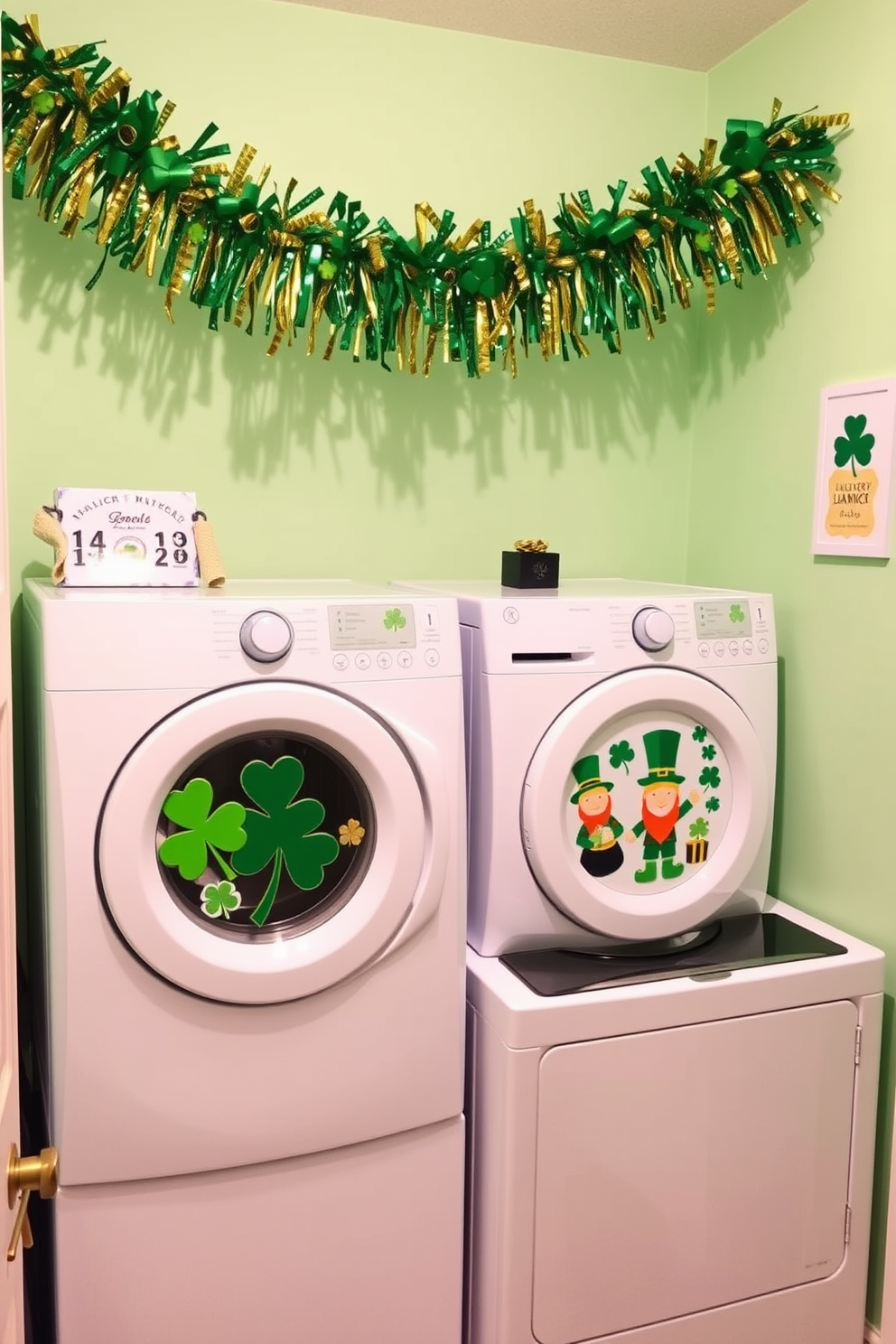 A cheerful laundry room decorated for St. Patrick's Day features themed magnets on the washer and dryer showcasing shamrocks and leprechauns. The walls are painted a light pastel green, and a festive garland of green and gold hangs above the appliances.