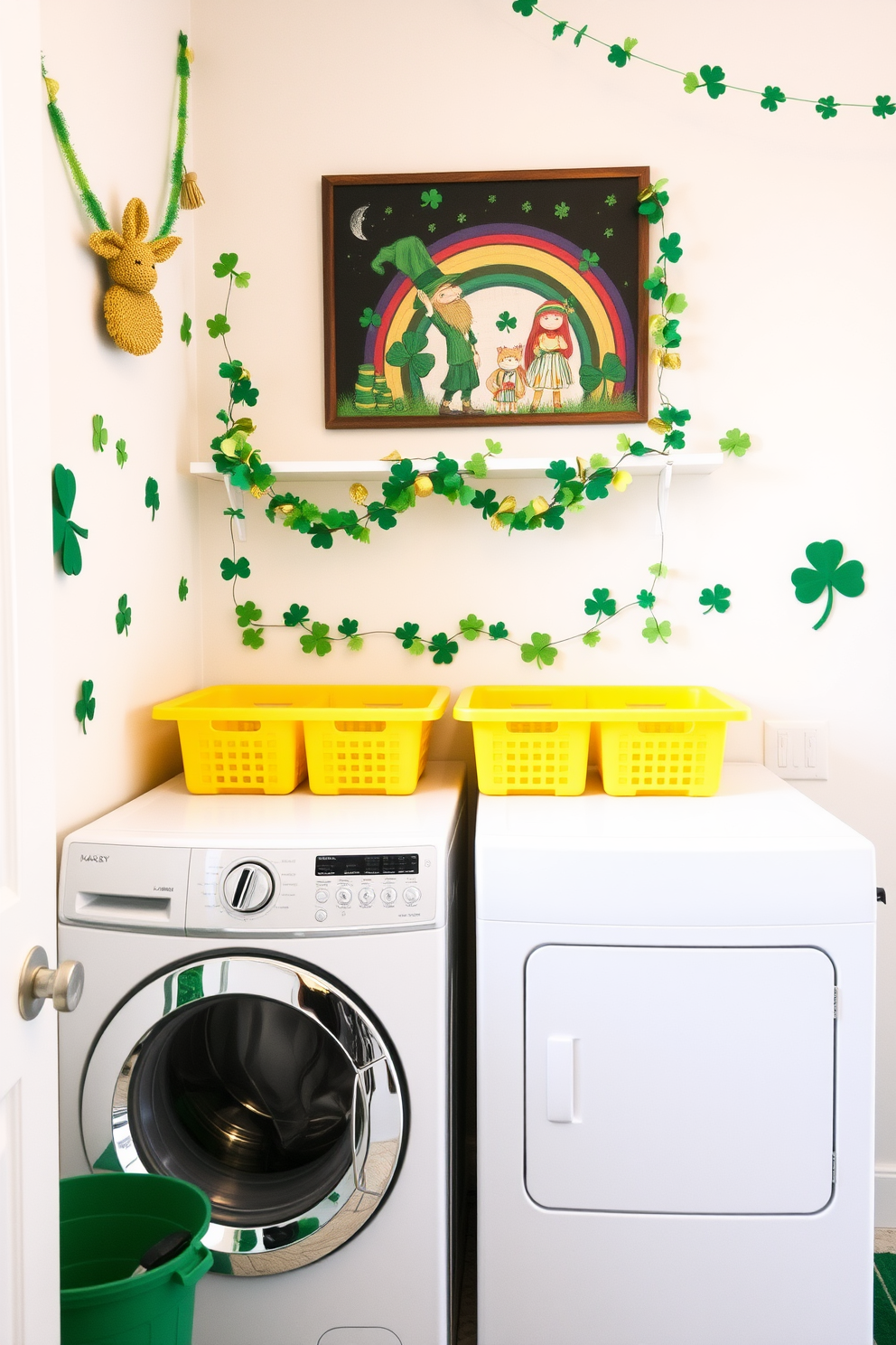 A festive laundry room setting inspired by St. Patrick's Day. The walls are adorned with green and gold decorations, and a cheerful garland of shamrocks hangs above the washer and dryer. Brightly colored laundry baskets are arranged neatly, adding a pop of color to the space. A whimsical wall art piece featuring leprechauns and rainbows completes the festive atmosphere.