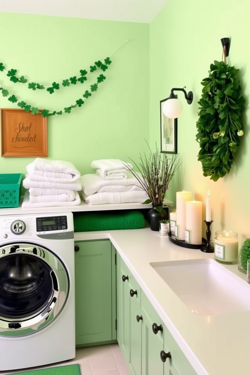A bright and inviting laundry room features a spacious countertop adorned with neatly folded towels and an array of scented candles in seasonal fragrances. The walls are painted a soft pastel green, while St. Patrick's Day decorations like shamrock garlands and green accents add a festive touch to the space.