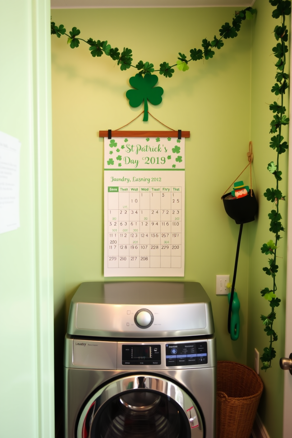 Display a St Patricks Day calendar in a cheerful laundry room. The walls are painted a light green, adorned with festive shamrock decorations and a playful garland of leprechauns.