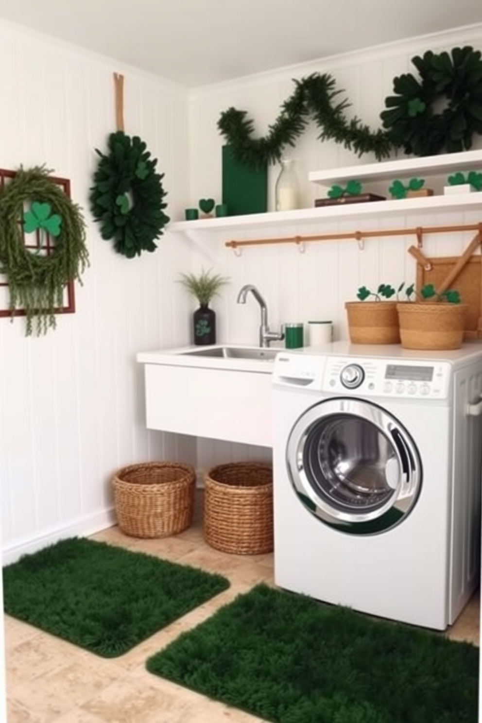 A cozy laundry room featuring green rugs that add comfort and warmth to the space. The walls are painted in a soft white, and decorative elements celebrate St. Patrick's Day with shamrocks and green accents.