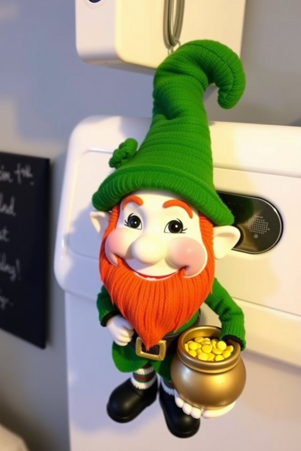 Create a charming leprechaun figure for your laundry room that embodies the spirit of St. Patrick's Day. The figure should feature a playful expression, a green coat, and a small pot of gold, adding a festive touch to your decor.