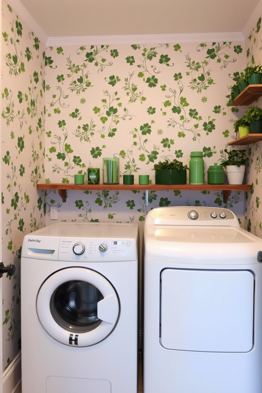 Create a charming laundry room adorned with floral wallpaper featuring St Patricks Day motifs. The space includes a vintage white washing machine and a matching dryer, with a rustic wooden shelf displaying green decorative items and potted plants.
