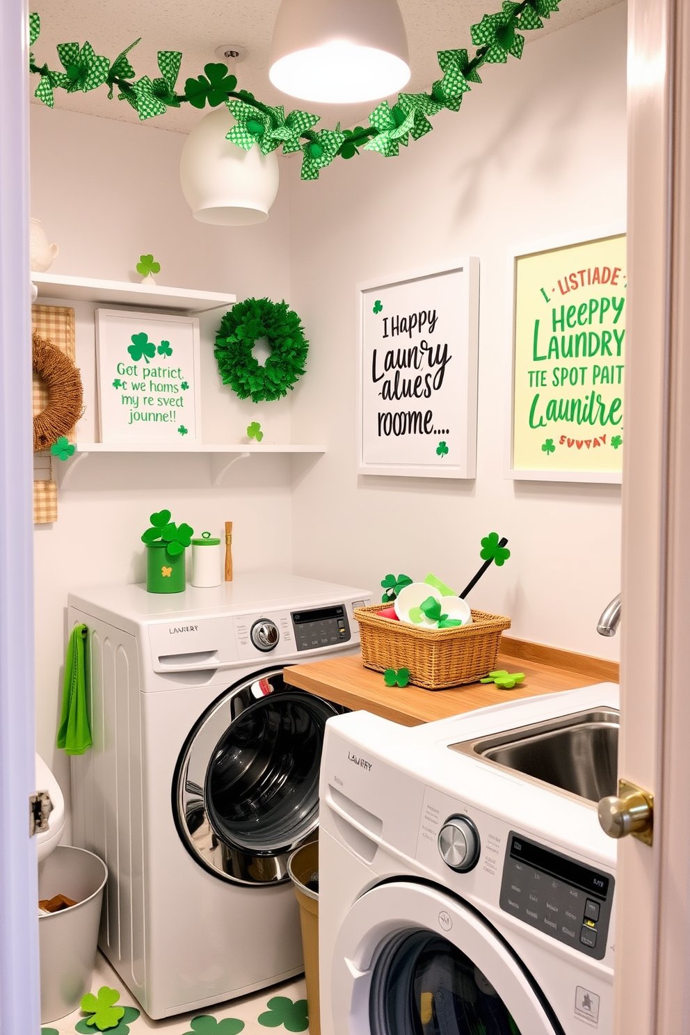A cheerful laundry room adorned with festive St. Patrick's Day decorations. The walls are decorated with vibrant prints featuring playful laundry quotes that celebrate the holiday spirit.