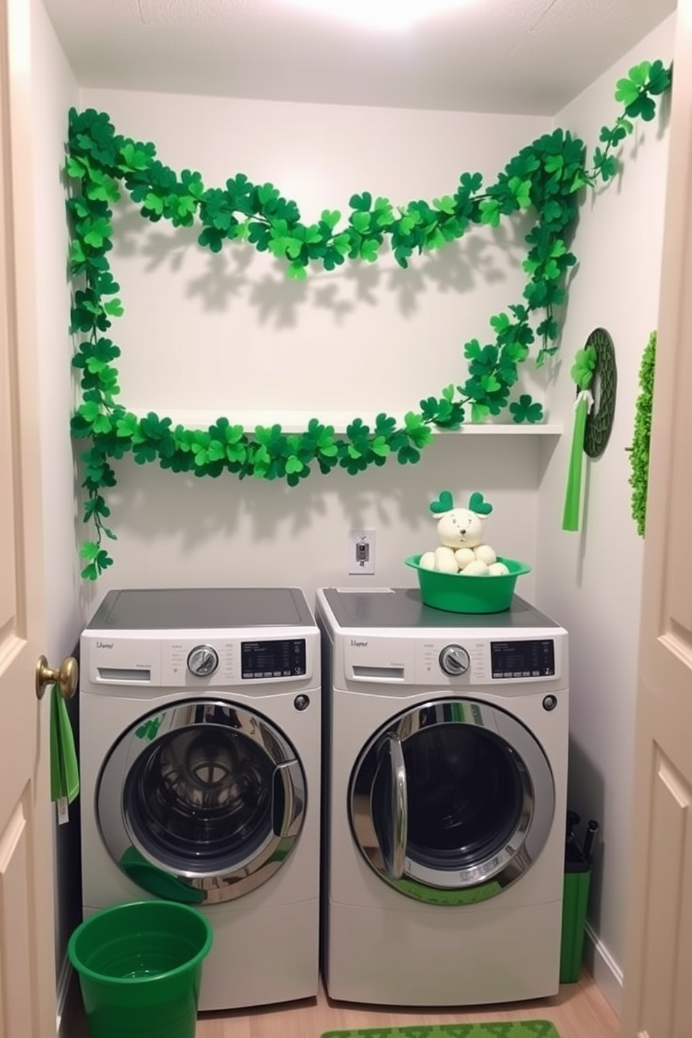A charming laundry room adorned with a vibrant shamrock garland draped across the wall. The space features a cozy washer and dryer setup, complemented by cheerful green accents and festive St. Patrick's Day decorations.