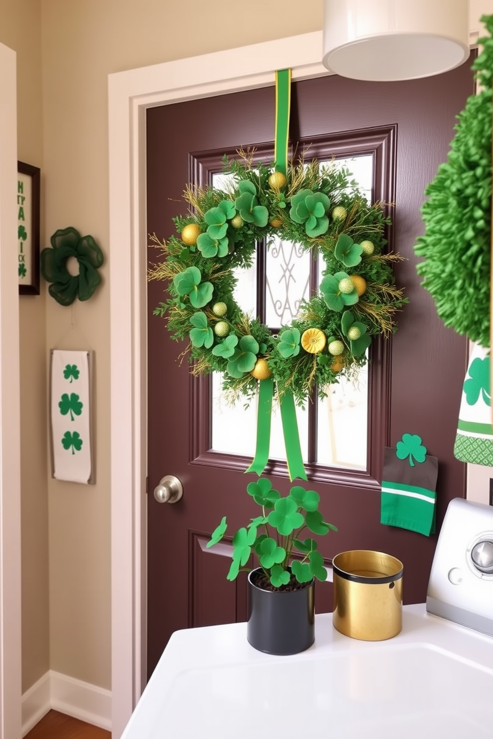 Hang a vibrant St Patricks Day wreath on the front door, adorned with green shamrocks and golden accents. The entrance is warm and inviting, setting a festive tone for the holiday season. In the laundry room, incorporate St Patricks Day decorations such as green and gold accents, including themed wall art and decorative towels. Add a touch of whimsy with a small potted plant featuring shamrock leaves on the countertop.