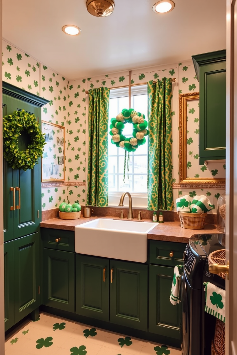 A stylish laundry room decorated for St. Patrick's Day features green cabinetry with gold hardware. The walls are adorned with shamrock-themed wallpaper, and a gold-framed mirror reflects the cheerful decor. A large farmhouse sink is centered under a window, with green and gold patterned curtains framing the view. Decorative elements include a green and gold wreath on the door and festive accents like shamrock-shaped baskets and towels.