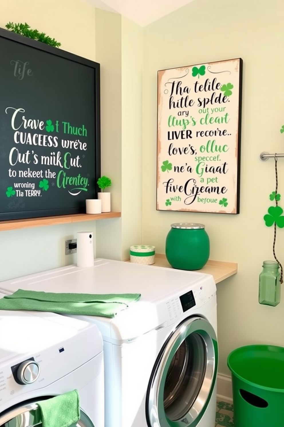 A bright and cheerful laundry room adorned with Irish quotes on wall art that inspire joy and positivity. The walls are painted in a soft pastel shade, and decorative elements include green accents and shamrock motifs to celebrate St. Patrick's Day.