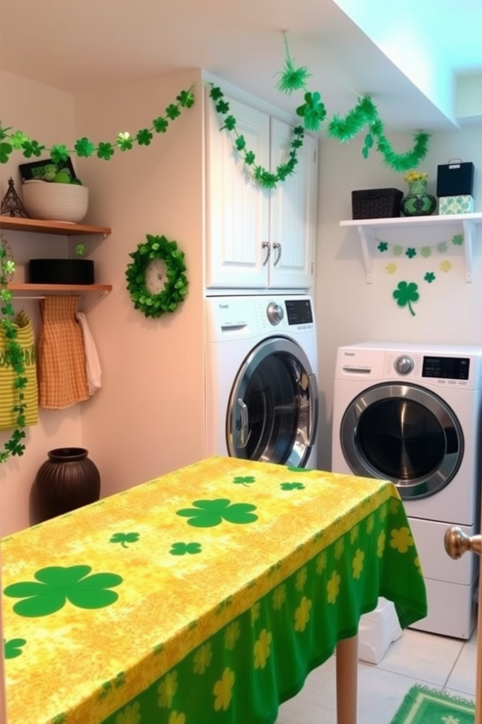 A cozy laundry room features a folding area adorned with a festive tablecloth in vibrant shades of green and gold, celebrating St. Patrick's Day. The walls are painted a soft white, and decorative elements like shamrock garlands and green accents add a cheerful touch to the space.