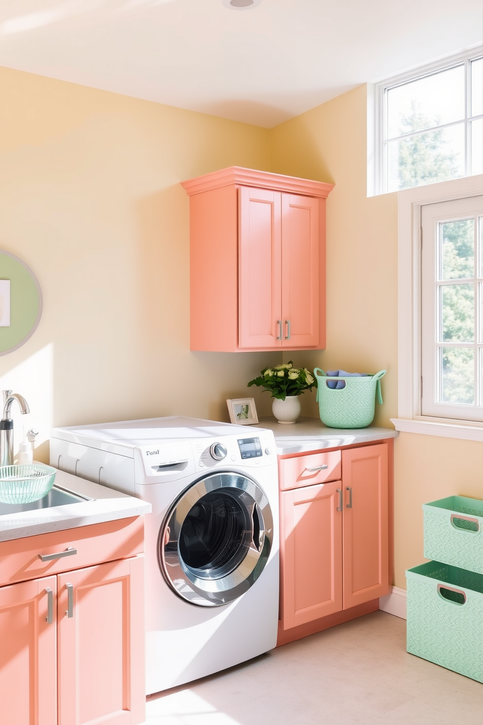 Bright pastel colors create a cheerful and inviting atmosphere in the laundry room. The space features a top loading washer surrounded by light peach cabinetry and soft yellow walls. A large window allows natural light to flood the room, enhancing the bright color scheme. Decorative storage baskets in mint green add both functionality and style to the space.