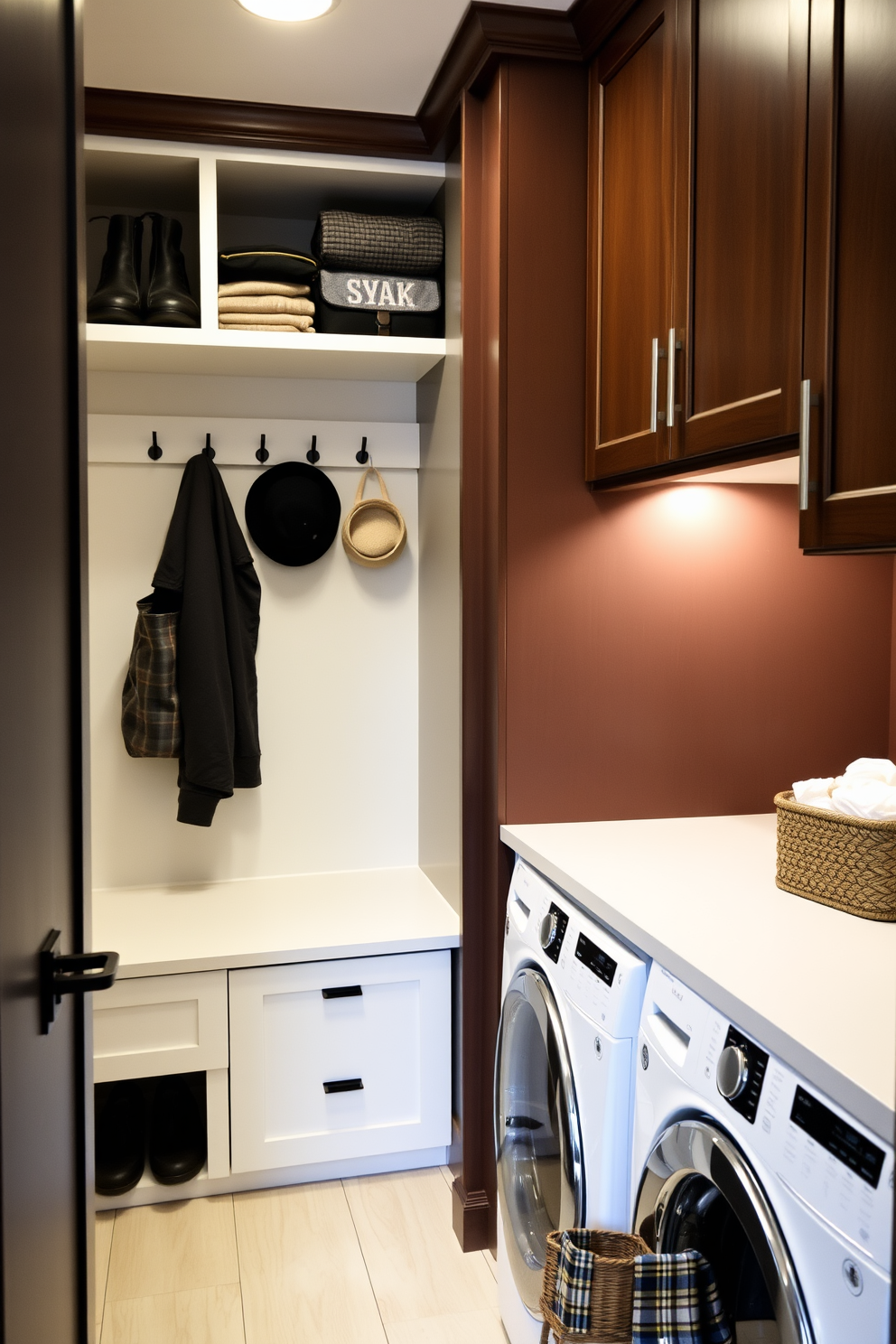 A cozy mini mudroom is designed beside a spacious laundry area featuring a top loading washer. The mudroom includes built-in benches with storage cubbies above for shoes and bags, while hooks line the wall for coats and hats. The laundry area showcases a top loading washer positioned on a sleek countertop for folding clothes. Soft lighting illuminates the space, and a decorative basket sits nearby for laundry essentials.