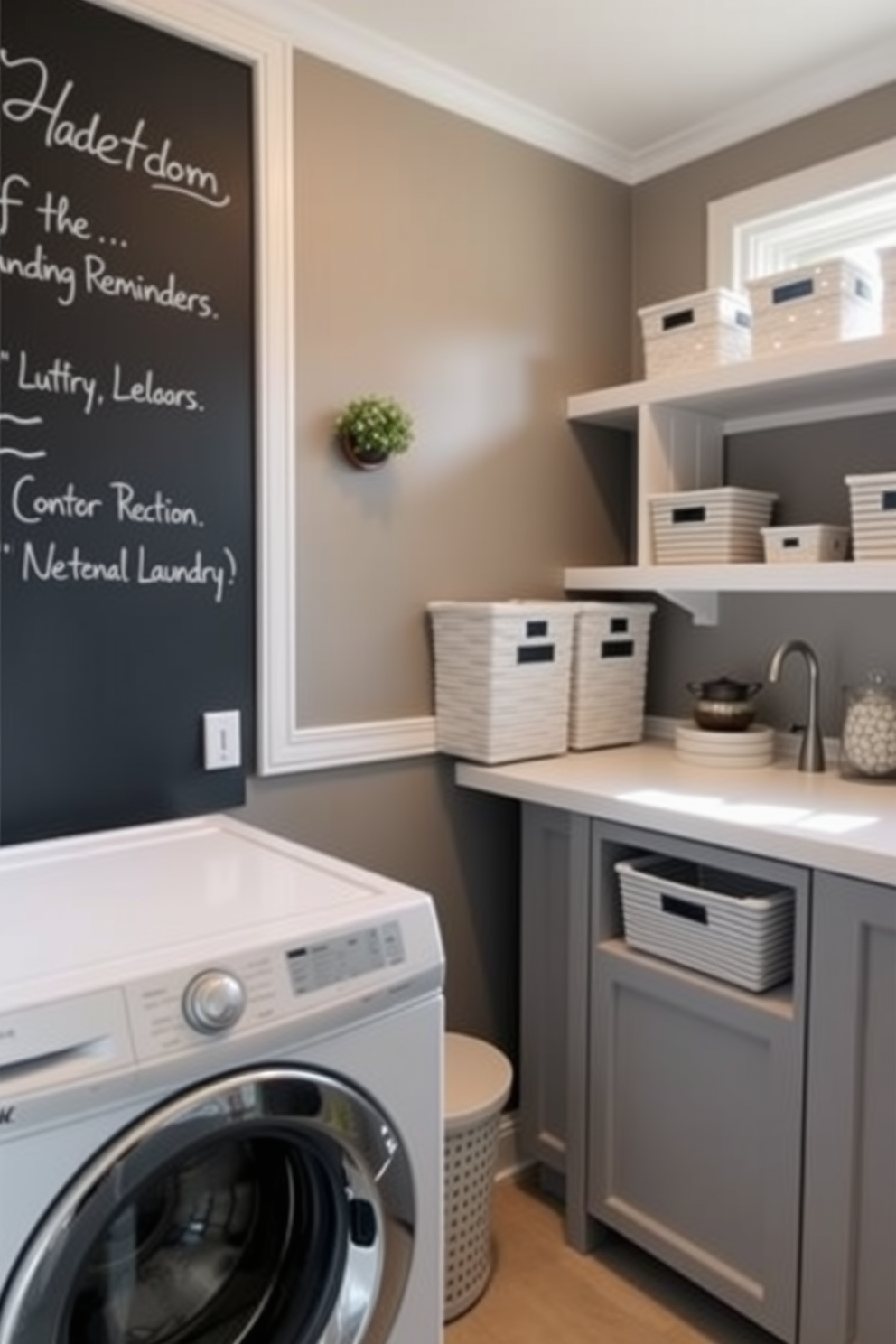 A functional laundry room featuring a top loading washer is designed with a chalkboard wall for notes and reminders. The space is brightened by natural light streaming through a window, and there are organized shelves for laundry essentials and decorative storage bins.