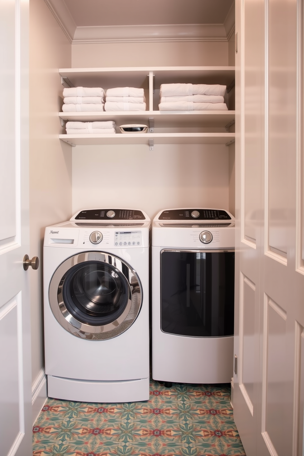 A stylish laundry room featuring a top-loading washer surrounded by custom cabinetry. The floor is adorned with vibrant patterned tiles that add a unique touch to the space. Above the washer, open shelves display neatly folded towels and laundry essentials. The walls are painted in a soft, inviting color that complements the tile design.