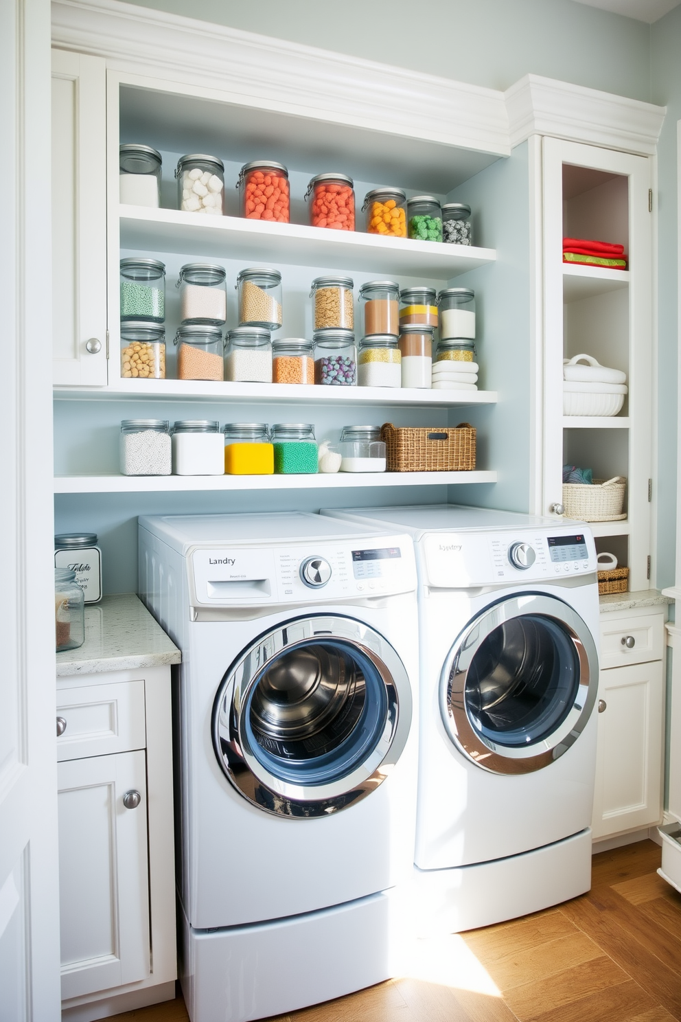 A bright and airy laundry room features clear jars neatly arranged on open shelving, displaying colorful laundry supplies for easy access. The top loading washer is seamlessly integrated into a stylish countertop, providing a functional yet chic space for laundry tasks.