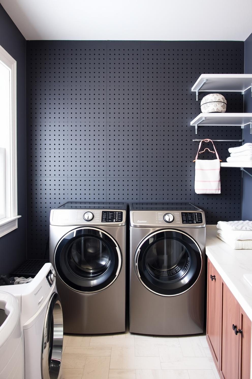 A laundry room featuring a pegboard on the wall for versatile storage solutions. The space includes a top loading washer with a sleek design and ample counter space for folding clothes.