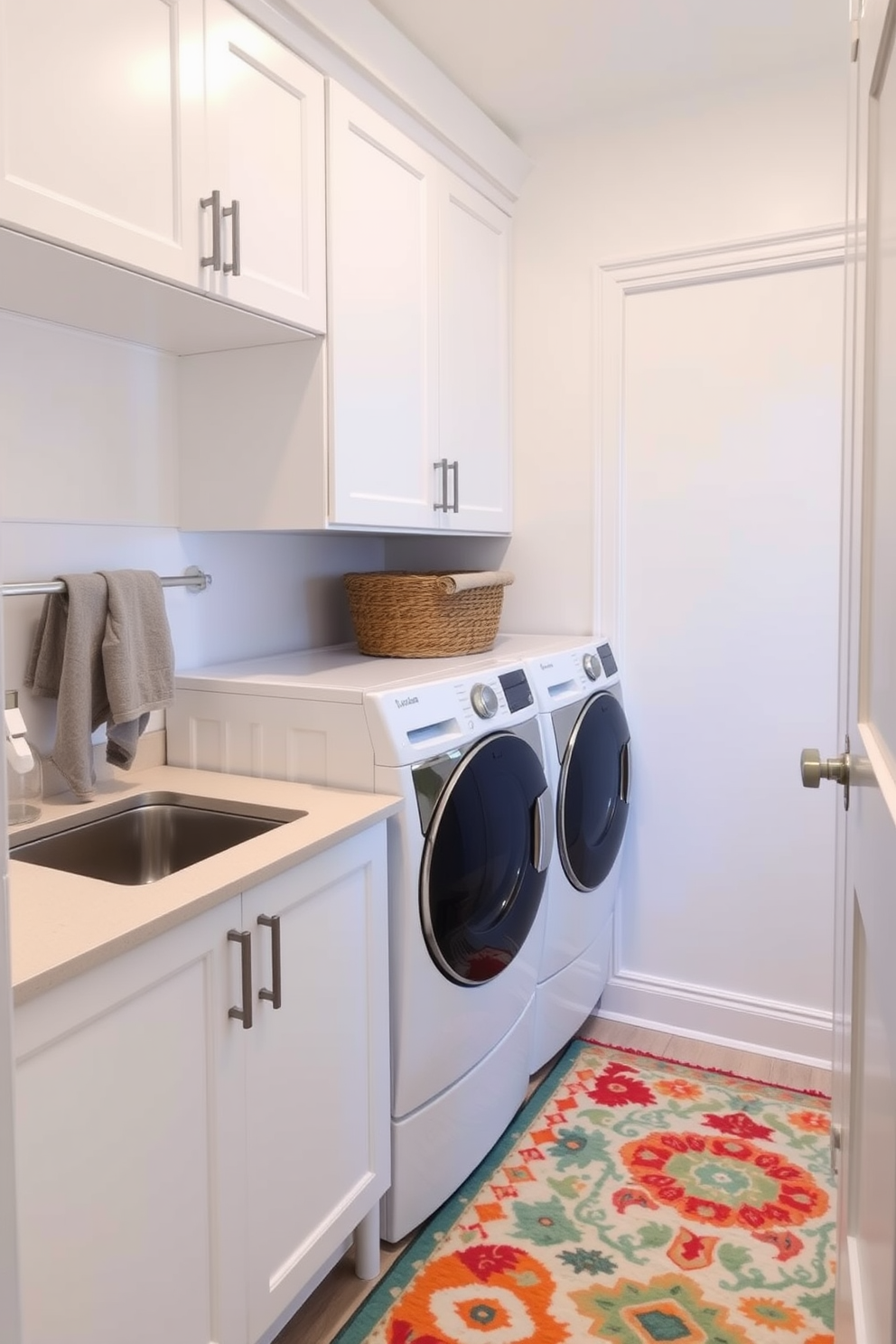 A bright and functional laundry room features a top-loading washer positioned next to a sleek countertop for folding clothes. The walls are painted in a light, airy shade, and a vibrant rug adds a pop of color, contrasting beautifully with the neutral tones of the space.