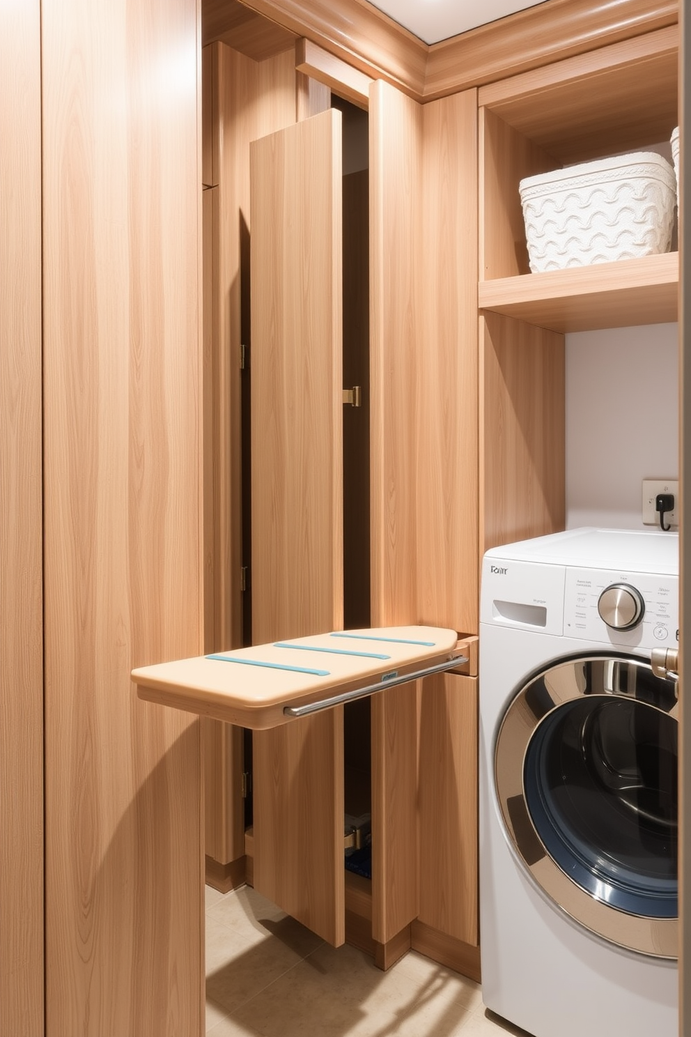 A functional laundry room featuring a top loading washer seamlessly integrated into a custom cabinetry design. The space includes a pull-out ironing board cleverly hidden within the cabinetry for efficient use of space and convenience.