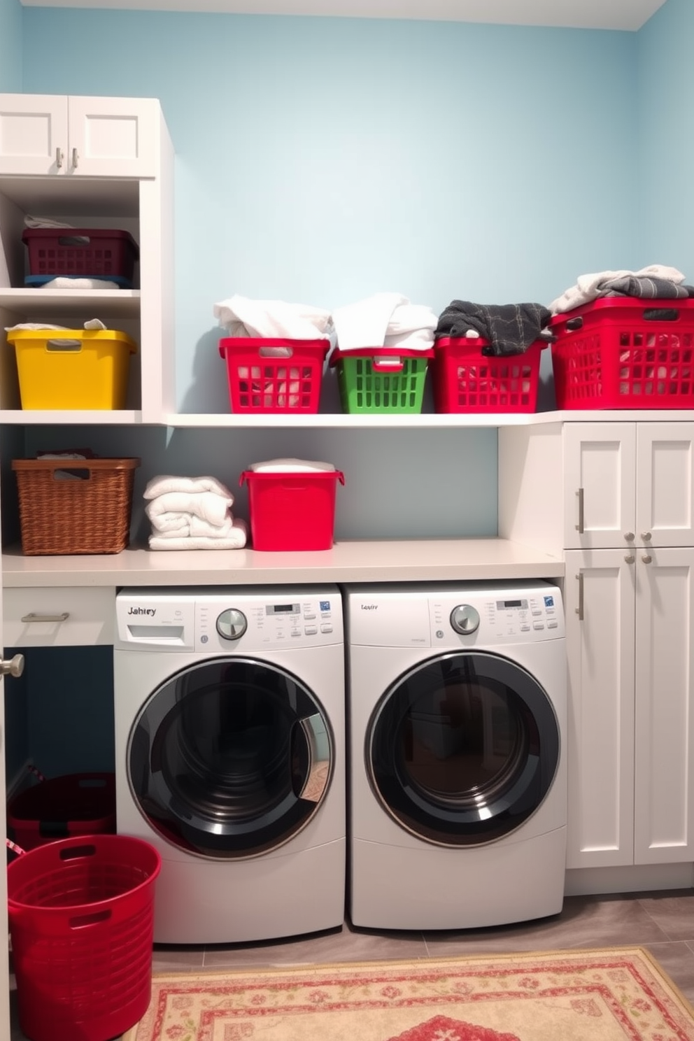 A modern laundry room featuring a top loading washer is designed with a color-coded sorting system for efficient organization. The walls are painted in a soft blue hue, and the cabinetry is a crisp white, providing a clean and fresh look. A large countertop extends above the washer, adorned with neatly arranged baskets in various colors for sorting laundry. The floor is covered in durable gray tiles, and a stylish rug adds a touch of warmth and comfort to the space.